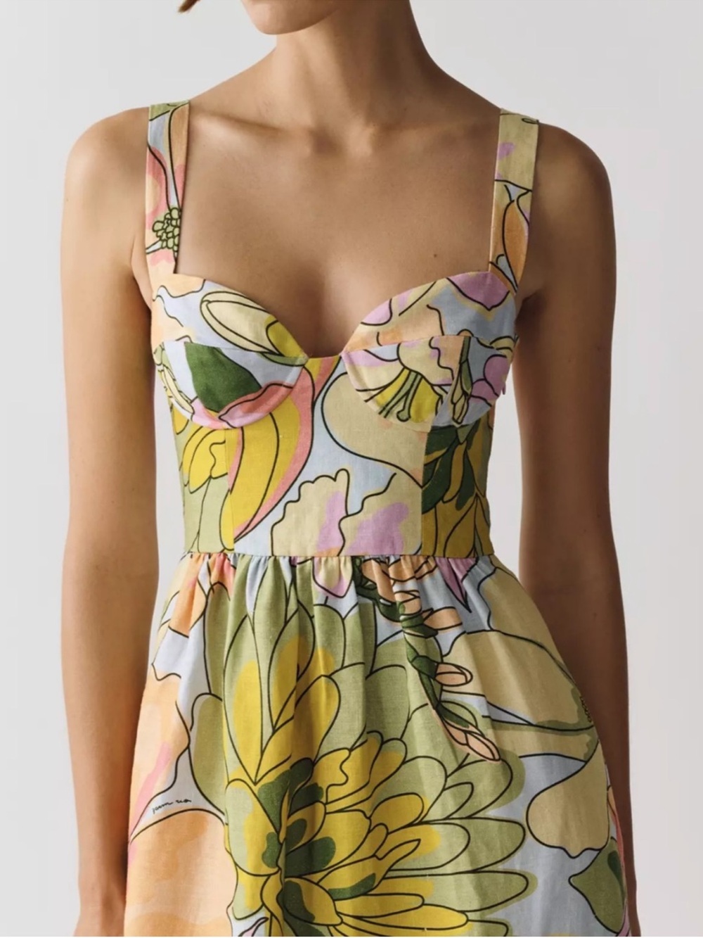 NWT FARM Rio Pastel Floral Midi Dress in Yellow, Pink, Green, Size Medium - Picture 2 of 16